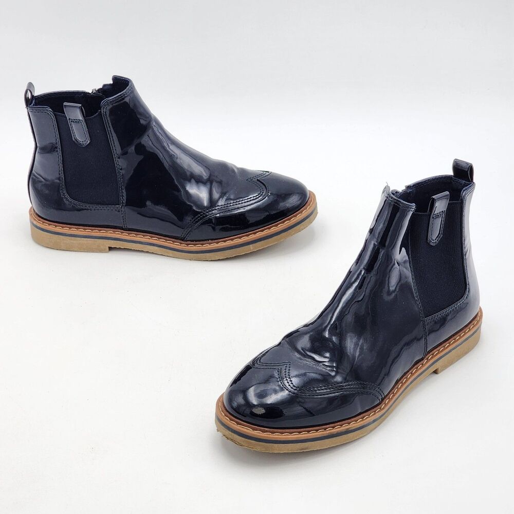 Zara Girls Patent Wingtip Glossy Ankle Boots Navy Big Kid's Size 35 EU 3.5 US